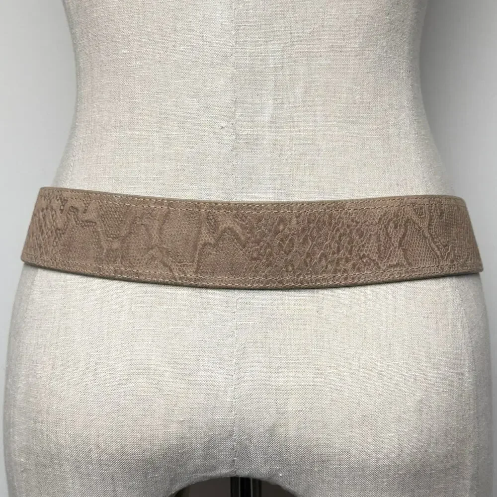 Via Spiga Snake Embossed Suede Leather Wide Belt Gold Hardware Y2K Low Slung